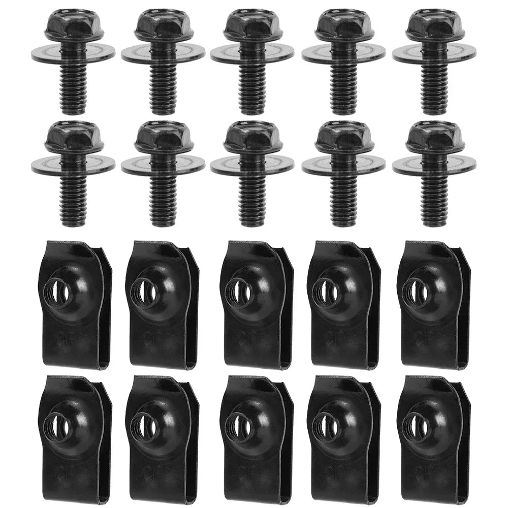 A set of black U-type body bolts and clips for auto fastening.