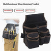 A black and brown multifunctional tool kit storage belt bag with various tools visible.