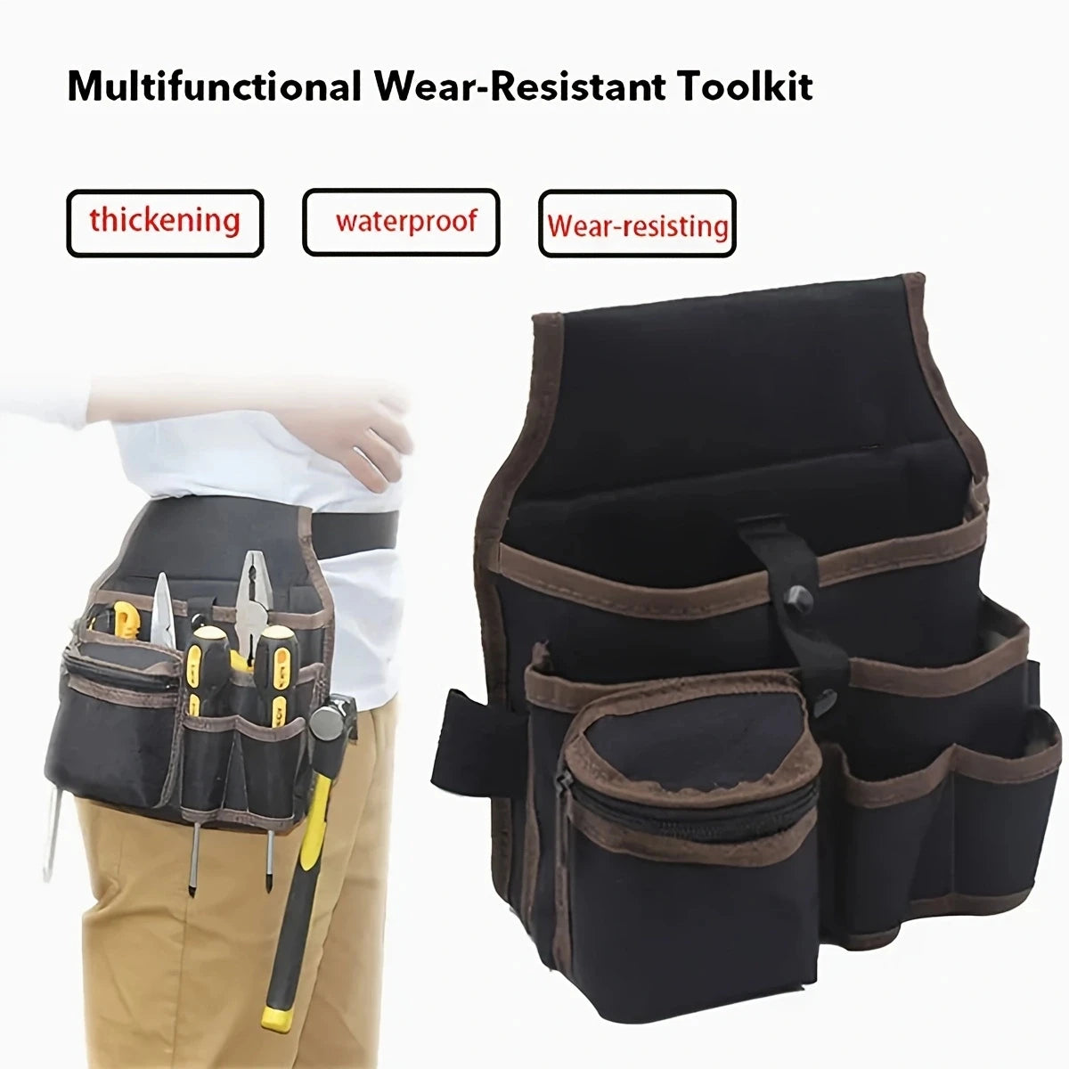 A black and brown multifunctional tool kit storage belt bag with various tools visible.