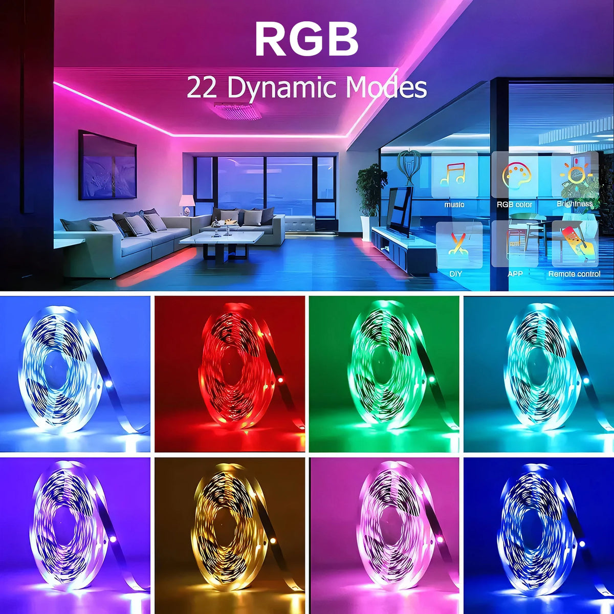 A display of 22 dynamic RGB modes and various light patterns from an RGB LED smart strip light.