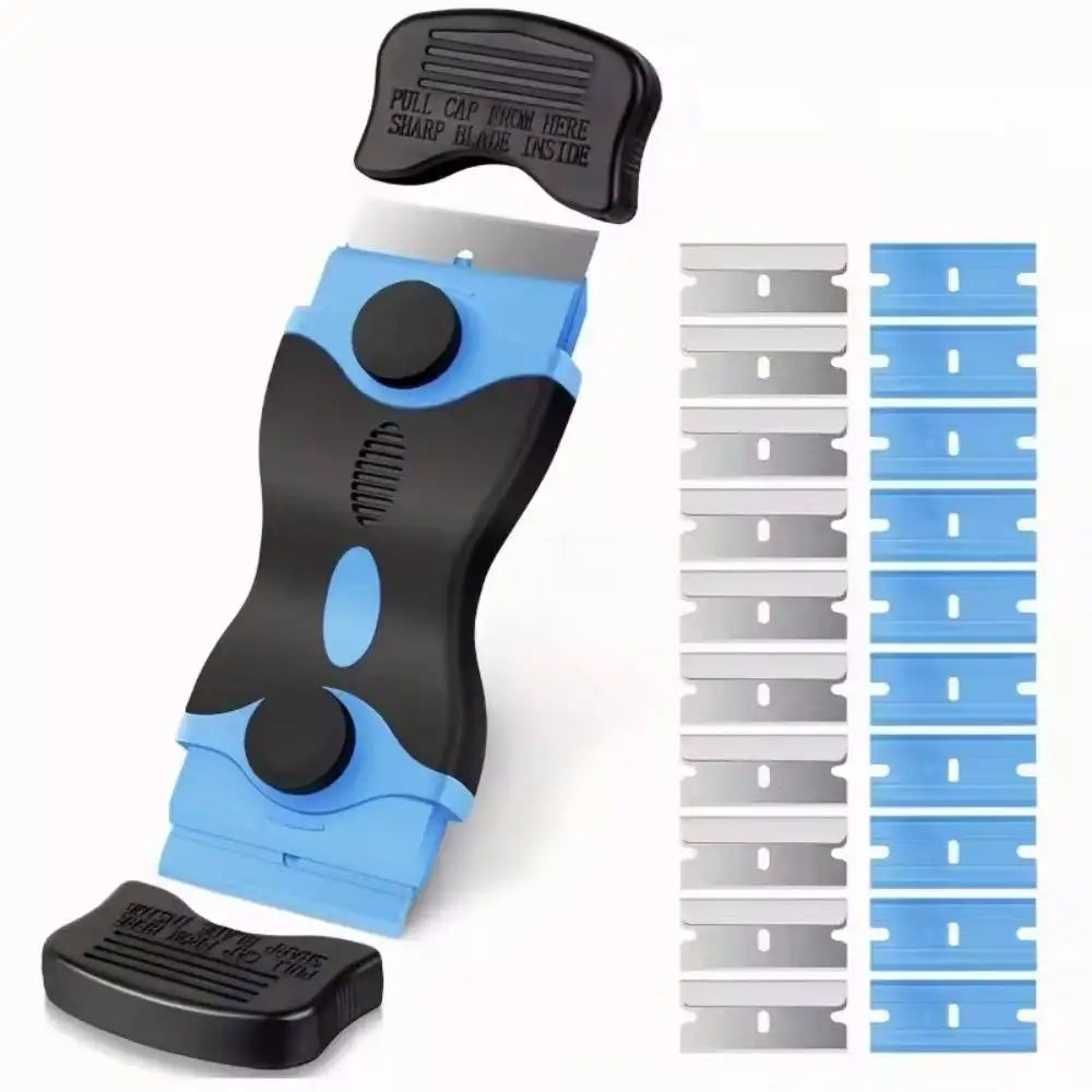 A black dual-sided auto glass scraper tool with blue grips and a removable blade is shown alongside its components.