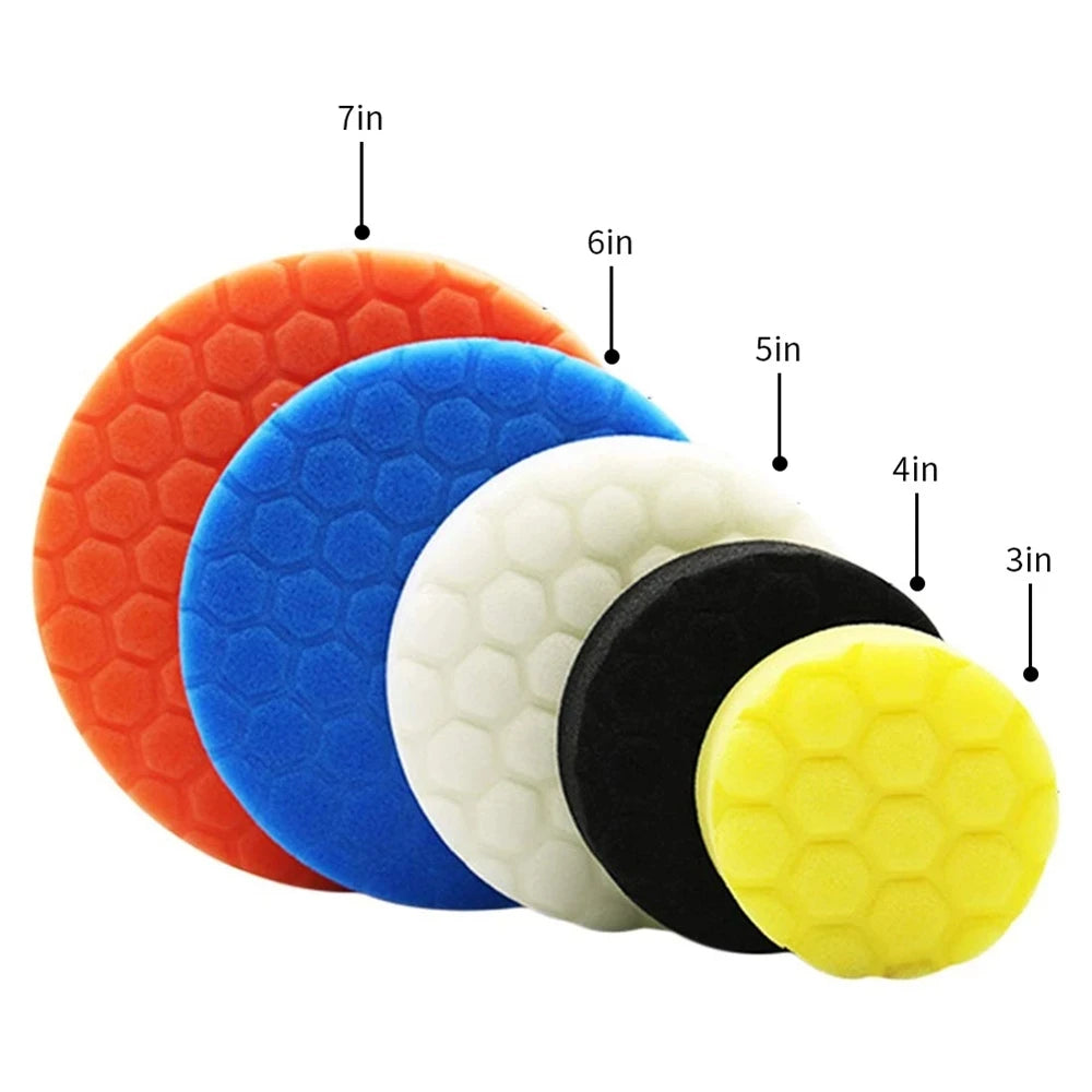 A set of five compound buffing polishing pads in various colors and sizes, ranging from 3 inches to 7 inches.