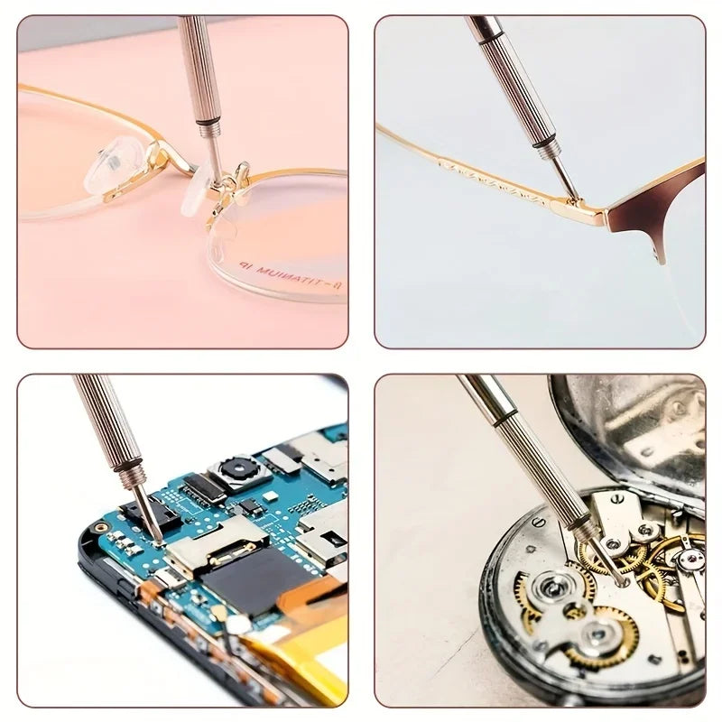 Close-up shots of a precision screwdriver kit used for repairing eyeglasses and opening watch cases.