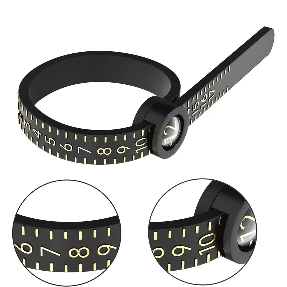 A black precision ring sizer with a magnifying lens and a flexible band shown in various angles.