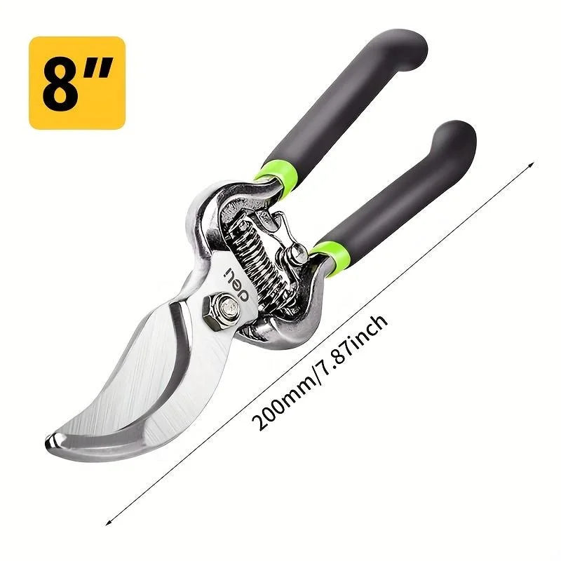 Ein Paar schwere 8-Zoll-Säge-Schere mit schwarzen Griffen und silbernen Klingen.