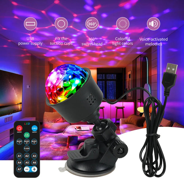 A black disco ball light fixture is shown with a remote control and power cord, illuminating a room with colorful light.