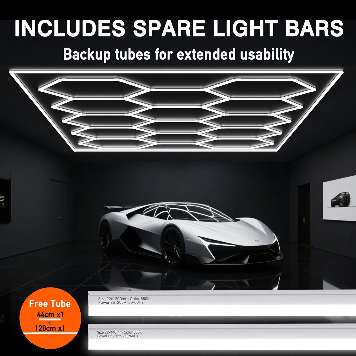 Hexagonal LED light bar fixture installed in a dark room above a sports car.
