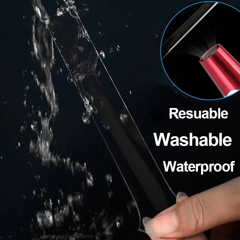Close-up of a black reusable washable waterproof double-sided mounting tape being applied to a surface.