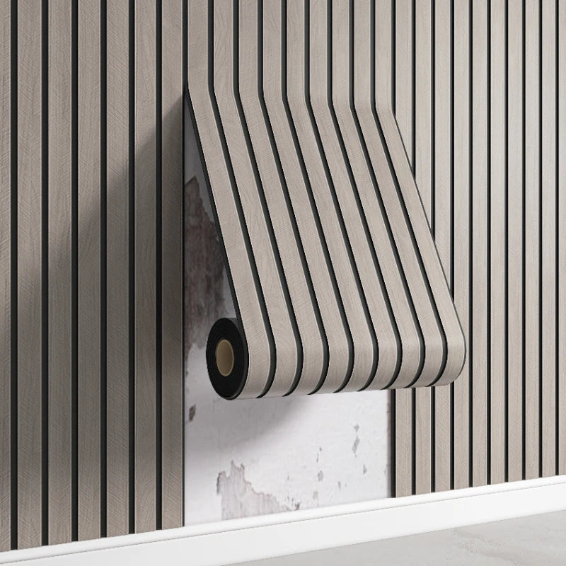 A beige wall decal sticker with a concave-convex design is mounted on a vertical wood slat panel.