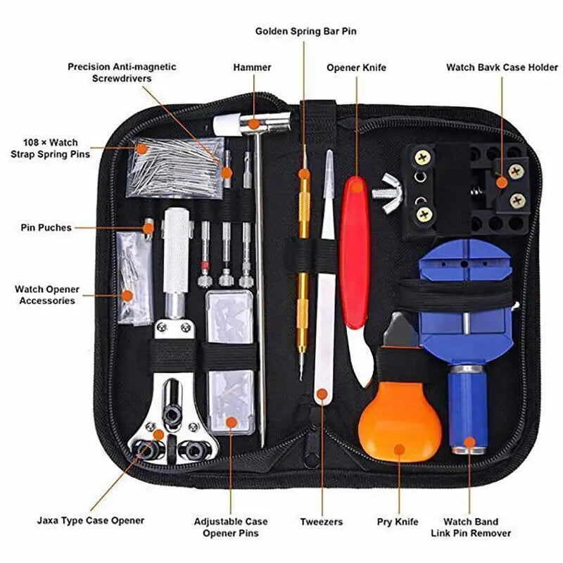 A black watch repair tool kit showing various precision tools like pin punches, tweezers, and knife openers.