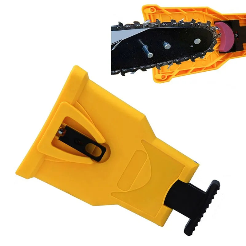 A yellow portable chainsaw tooth sharpening kit with a black sharpening blade and holder.