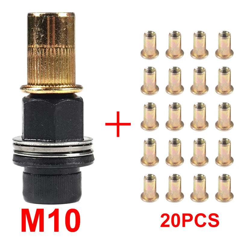 A set of 20 precision hand rivet nuts in gold and black finishes, including a cylindrical piece.