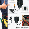 A man demonstrates a tool belt hook and holster system for securing tools, showing various applications.