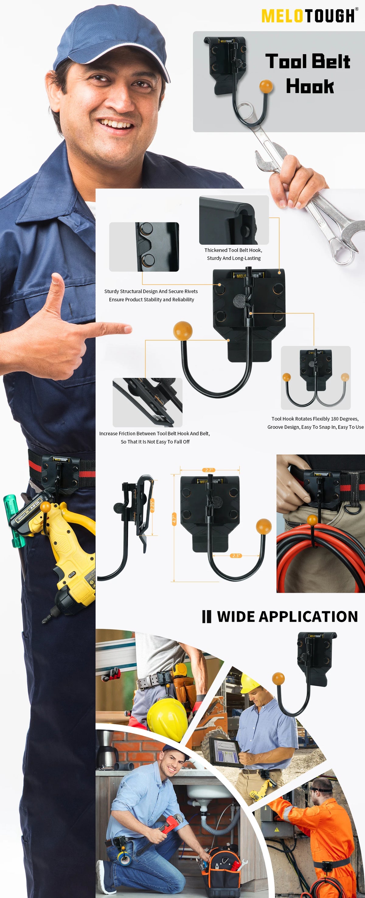 A man demonstrates a tool belt hook and holster system for securing tools, showing various applications.