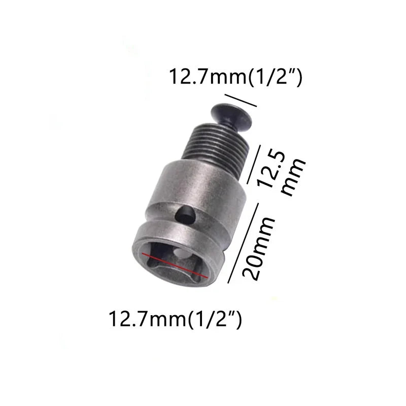 A silver quick change drill chuck adapter with a 12.7mm thread and a 20mm length.