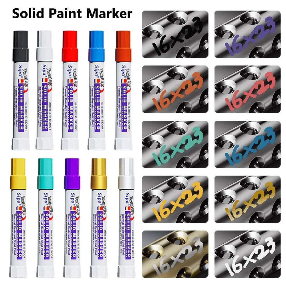 A collection of solid paint marker pens in various colors and finishes shown from multiple angles.