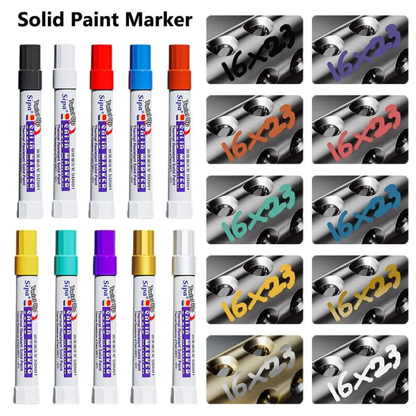 A collection of solid paint marker pens in various colors and finishes shown from multiple angles.