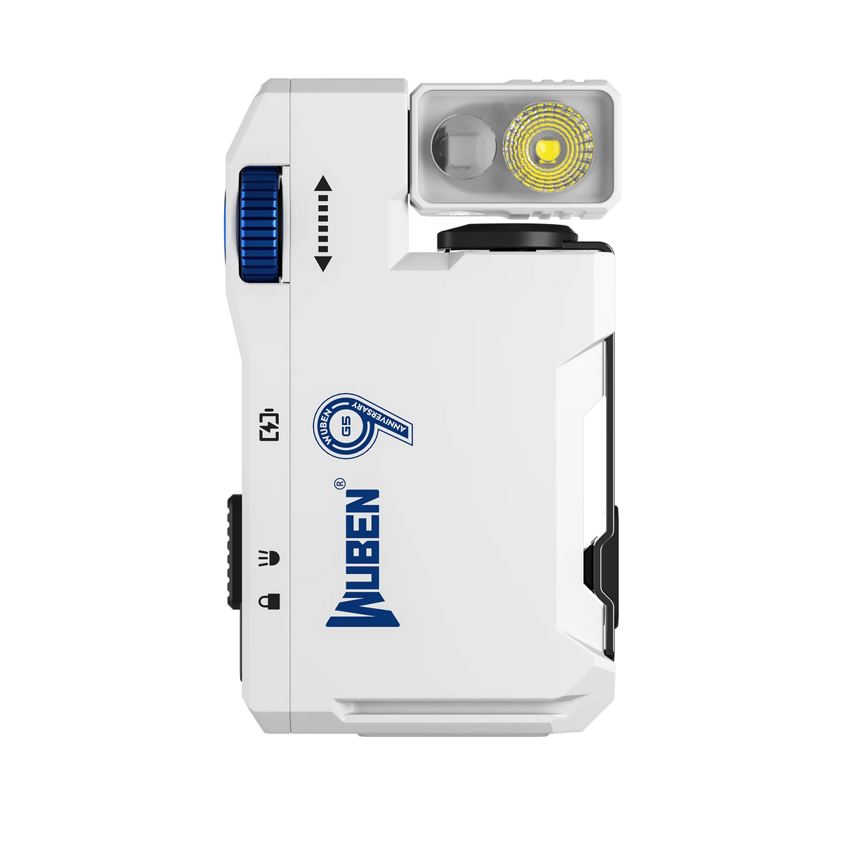 A white MUBEN 400 Lumen Rechargeable EDC flashlight with a blue switch and a yellow lens.