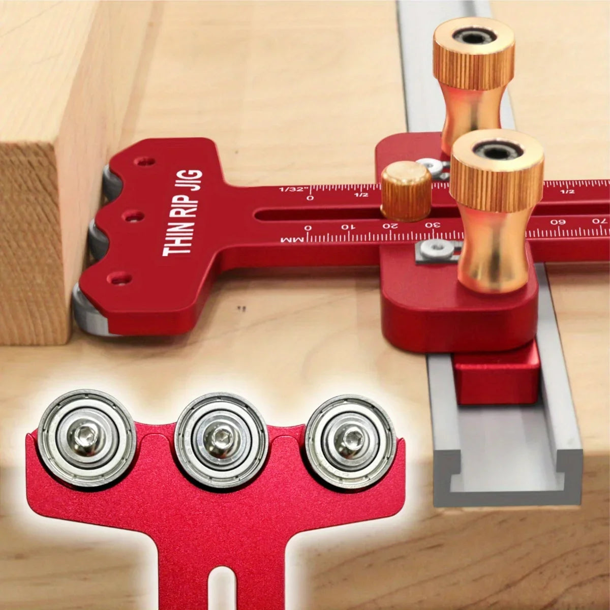 A precision thin rip jig for a table saw, showing the jig and a round insert.