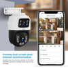 Weiße KERUI Dual-Lens PTZ IP-Überwachungskamera neben einem Smartphone mit Live-Video und Wiedergabefunktionen