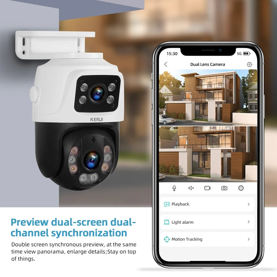Weiße KERUI Dual-Lens PTZ IP-Überwachungskamera neben einem Smartphone mit Live-Video und Wiedergabefunktionen