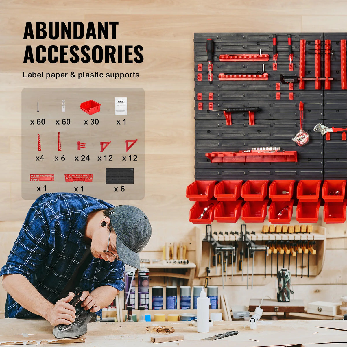 Una persona trabaja en una superficie de madera en un taller rodeada de accesorios como papel de etiquetas y soporte de plást