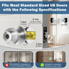 A silver smart fingerprint door lock is shown with specifications and usage examples for standard US doors.