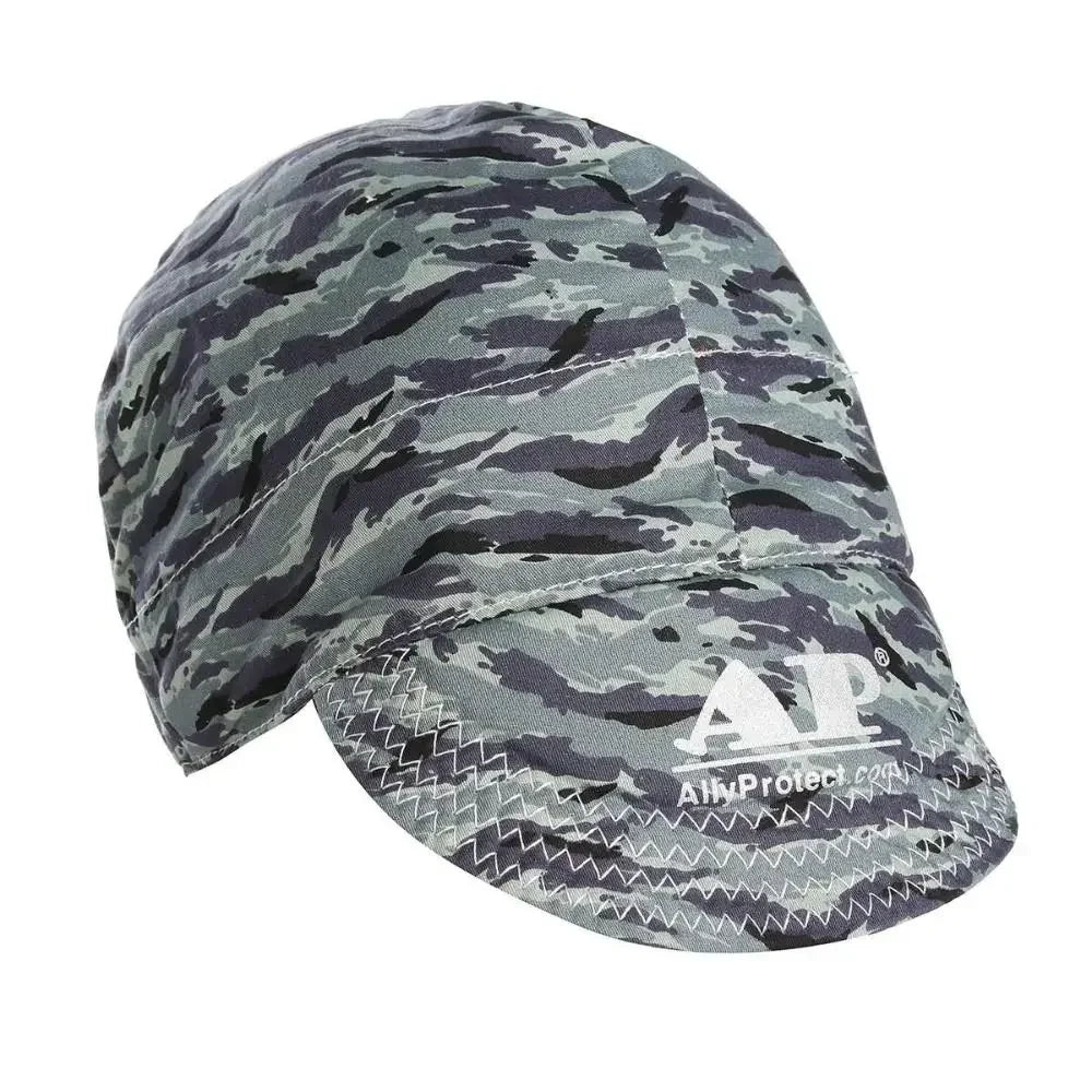 A durable welding and work cap featuring a camouflage pattern for protection.