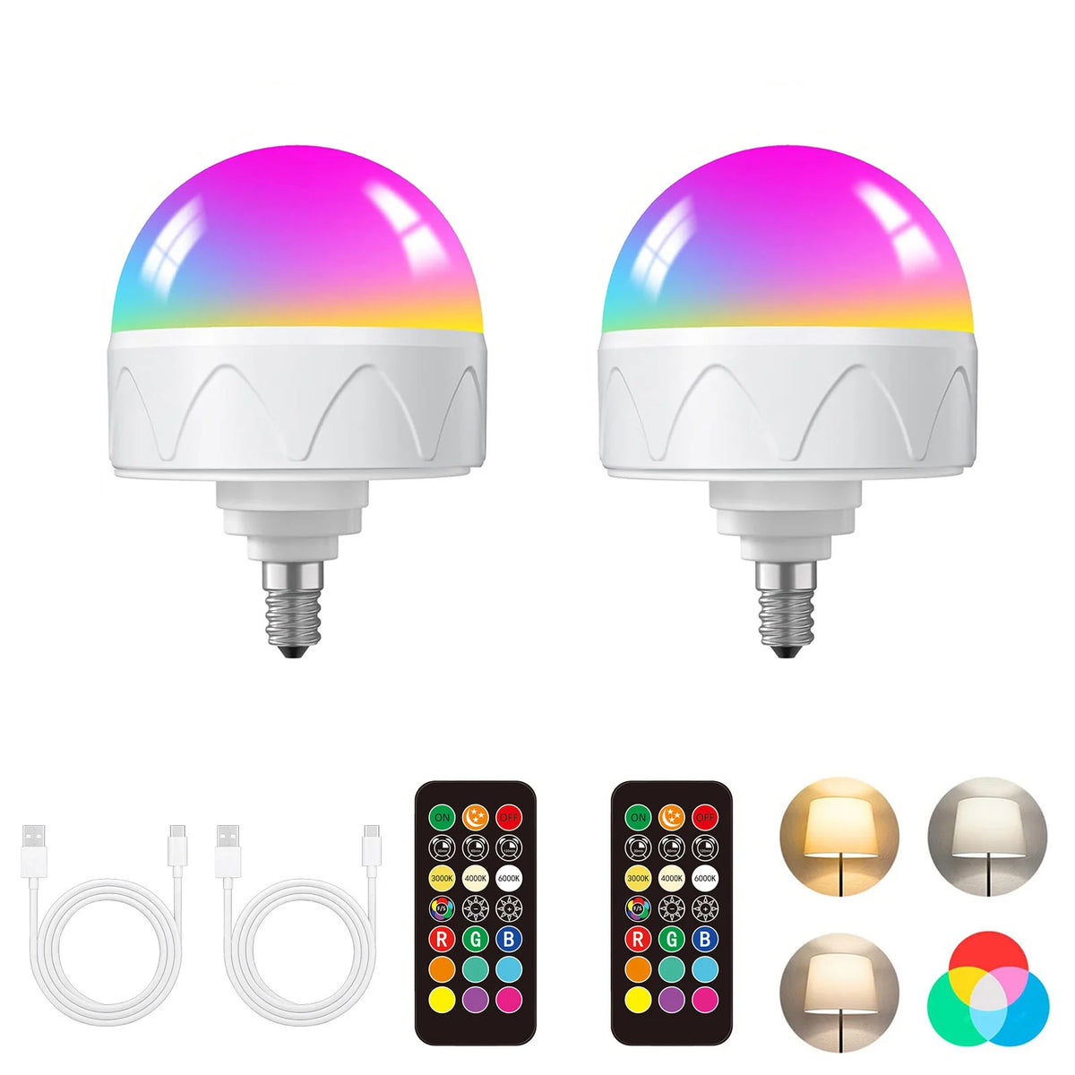 Bombilla LED recargable con control remoto y múltiples modos de color, junto a cables y bombillas.