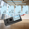 A digital laser distance meter device with a power button and display screen is shown on a wooden floor.