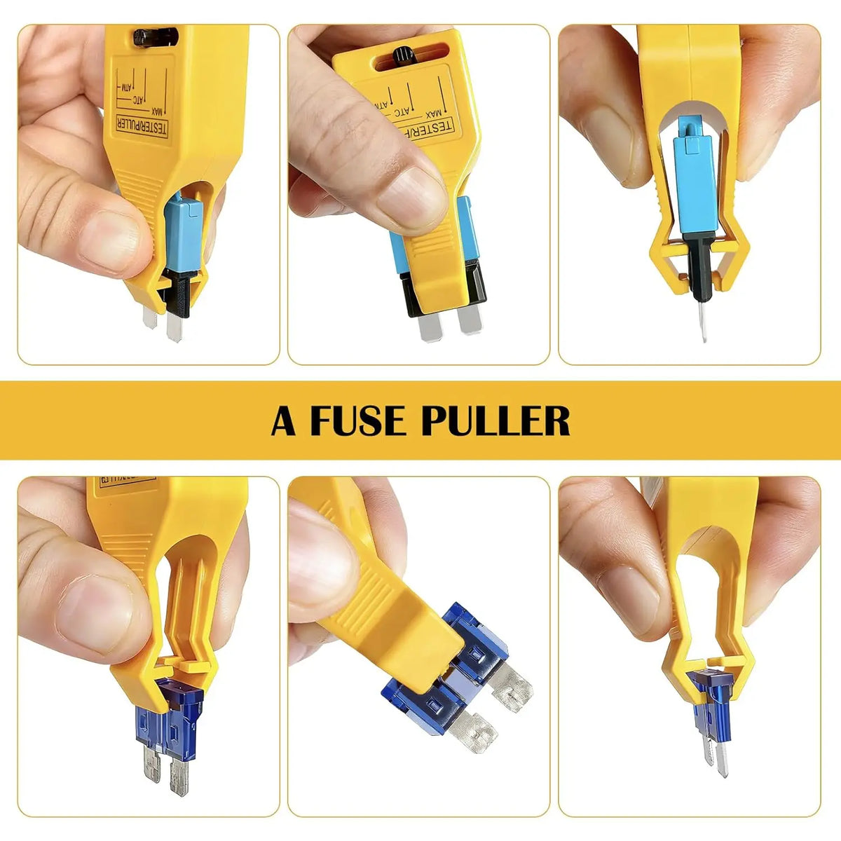 A yellow automotive fuse puller tool shown in various usage angles.
