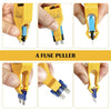 A yellow automotive fuse puller tool shown in various usage angles.