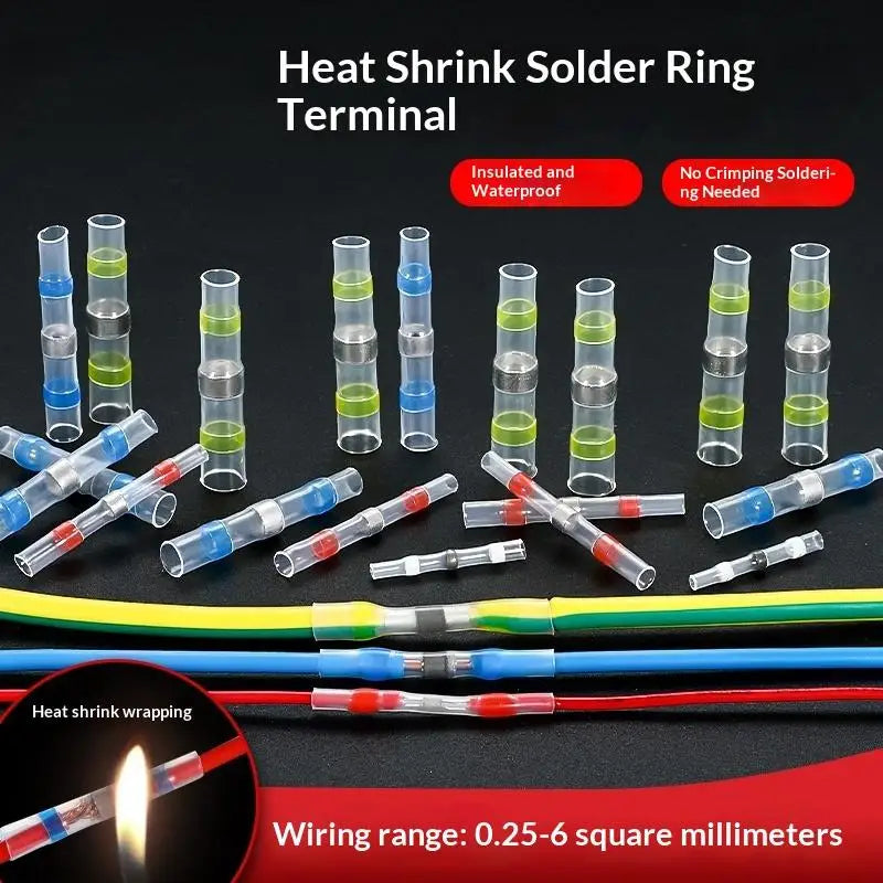 Heat shrink solder ring terminal and various wire sizes for electrical connections