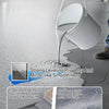 A hand pours a gray epoxy floor paint onto a concrete surface, demonstrating strong leveling and mirror-like smoothness.