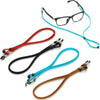Lanière réglable pour fixer des lunettes, avec un cadre noir et diverses sangles colorées.