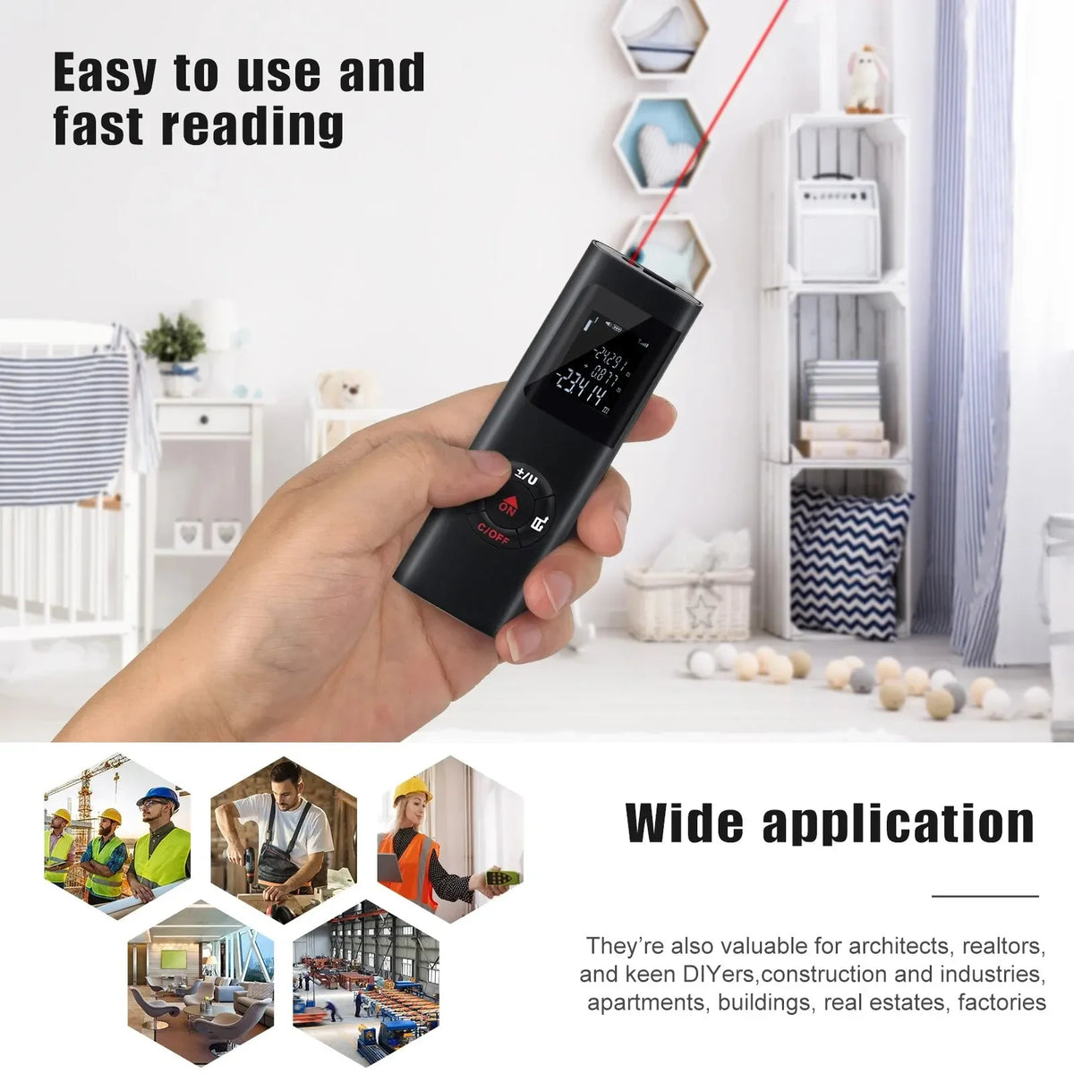 A hand holds a black precision laser measuring tool, demonstrating its easy to use and fast reading feature.