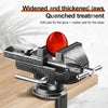 A heavy duty 360° rotating table vise with a red and silver jaw, used for quenched treatment.