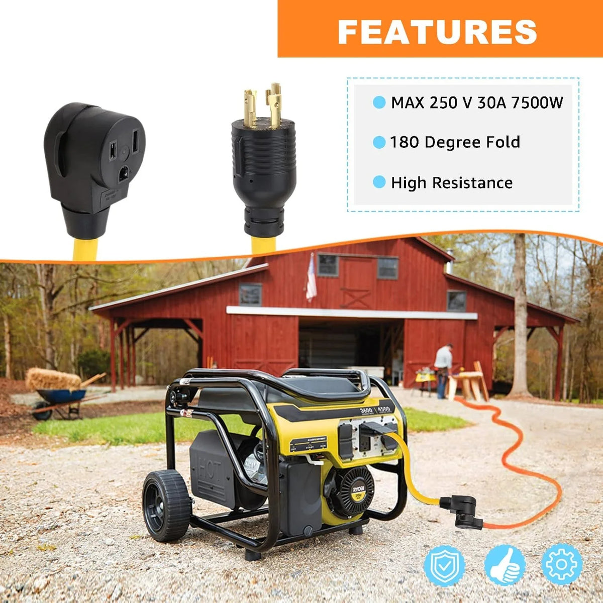 A portable generator to welder power adapter cord and a black electrical connector are shown outdoors.
