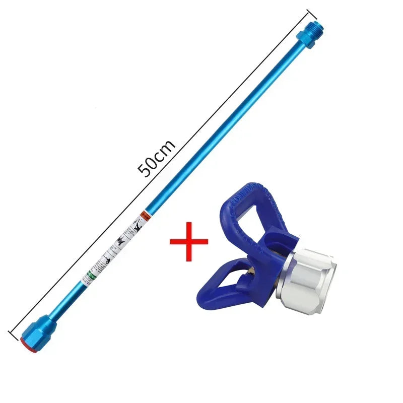 A blue paint sprayer gun extension rod with a handle and nozzle, shown diagonally.