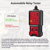 A compact automotive relay tester device with an LED display showing green for normal and red for abnormal relay status.