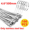 A bundle of stainless steel cable ties and a cutting tool are shown on a white background.