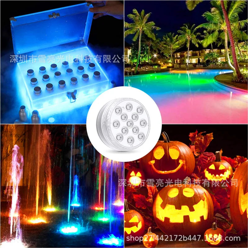 Un ensemble de lumières LED submersibles pour piscine, illuminant une piscine bleue et verte vibrante.