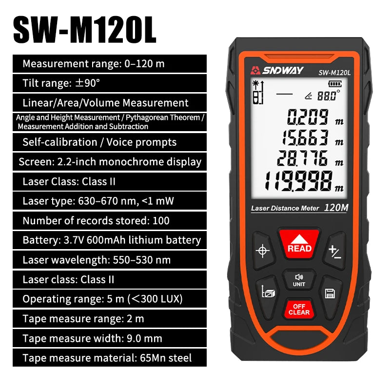 An orange and black handheld laser distance meter and tape measure device.