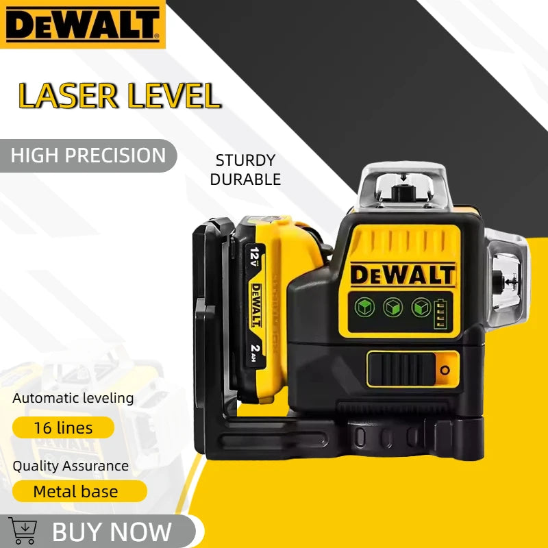 A yellow and black DEWALT laser level tool with a metal base is shown against a dark background.
