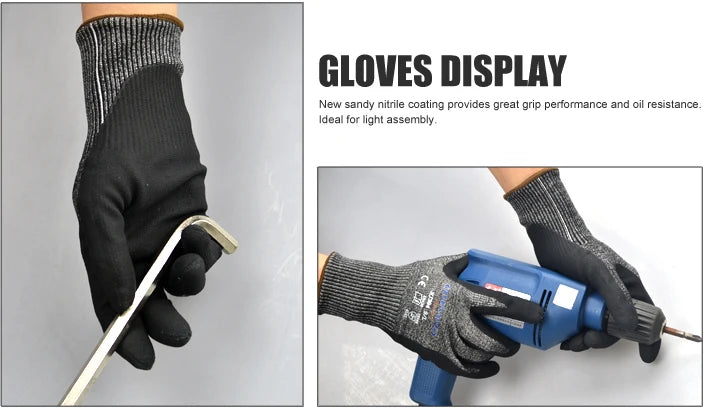 Black heavy-duty anti-cut work gloves being used to operate a power tool.