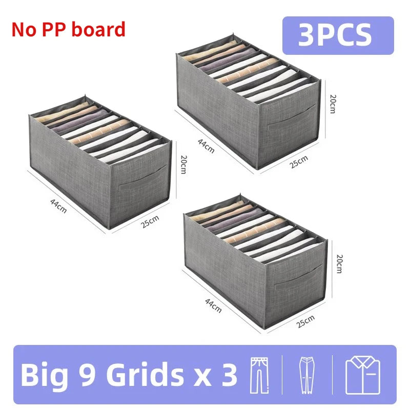 Three gray fabric storage organizer boxes, each containing nine fabric strips.
