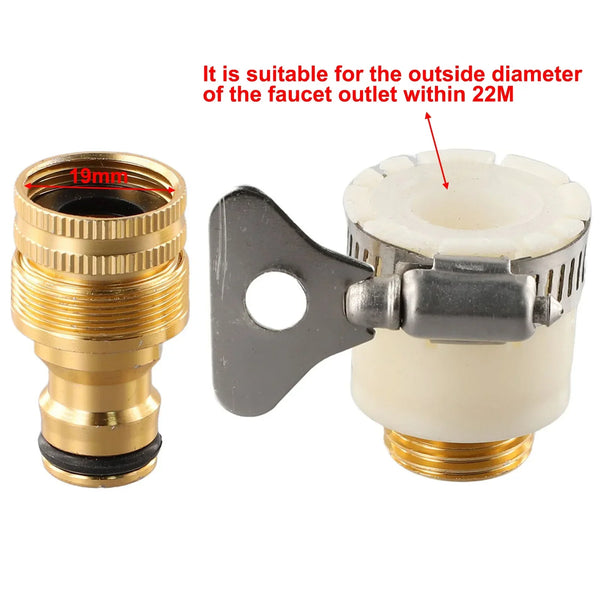 A brass fitting and a white adapter are shown, suitable for faucet outlets with an outside diameter of 22mm.