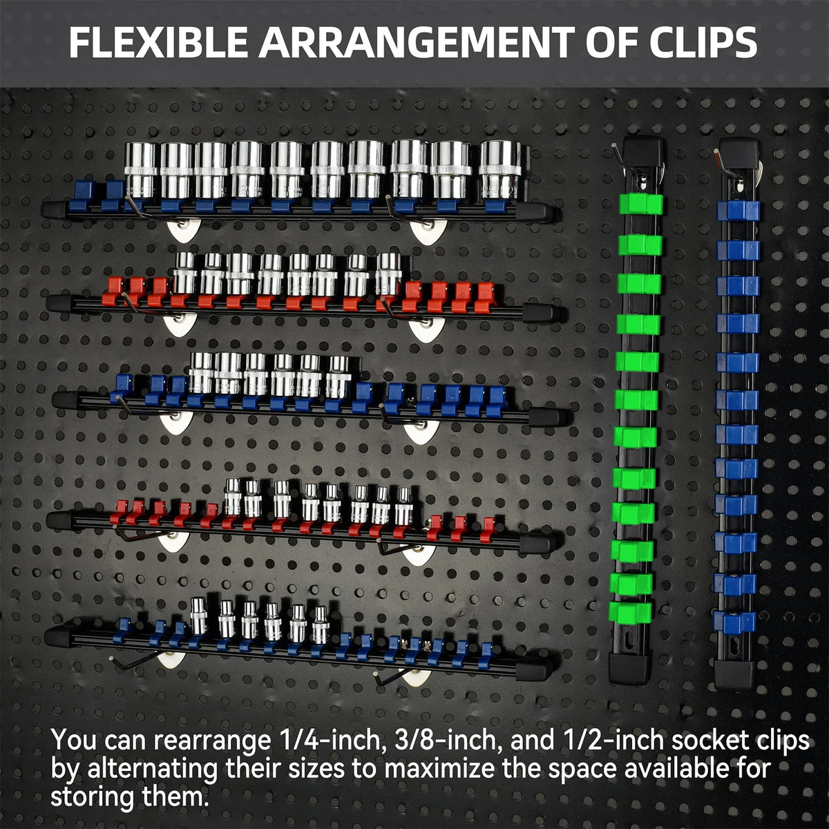 Flexible arrangement of various sized socket clips organized on a black rail.