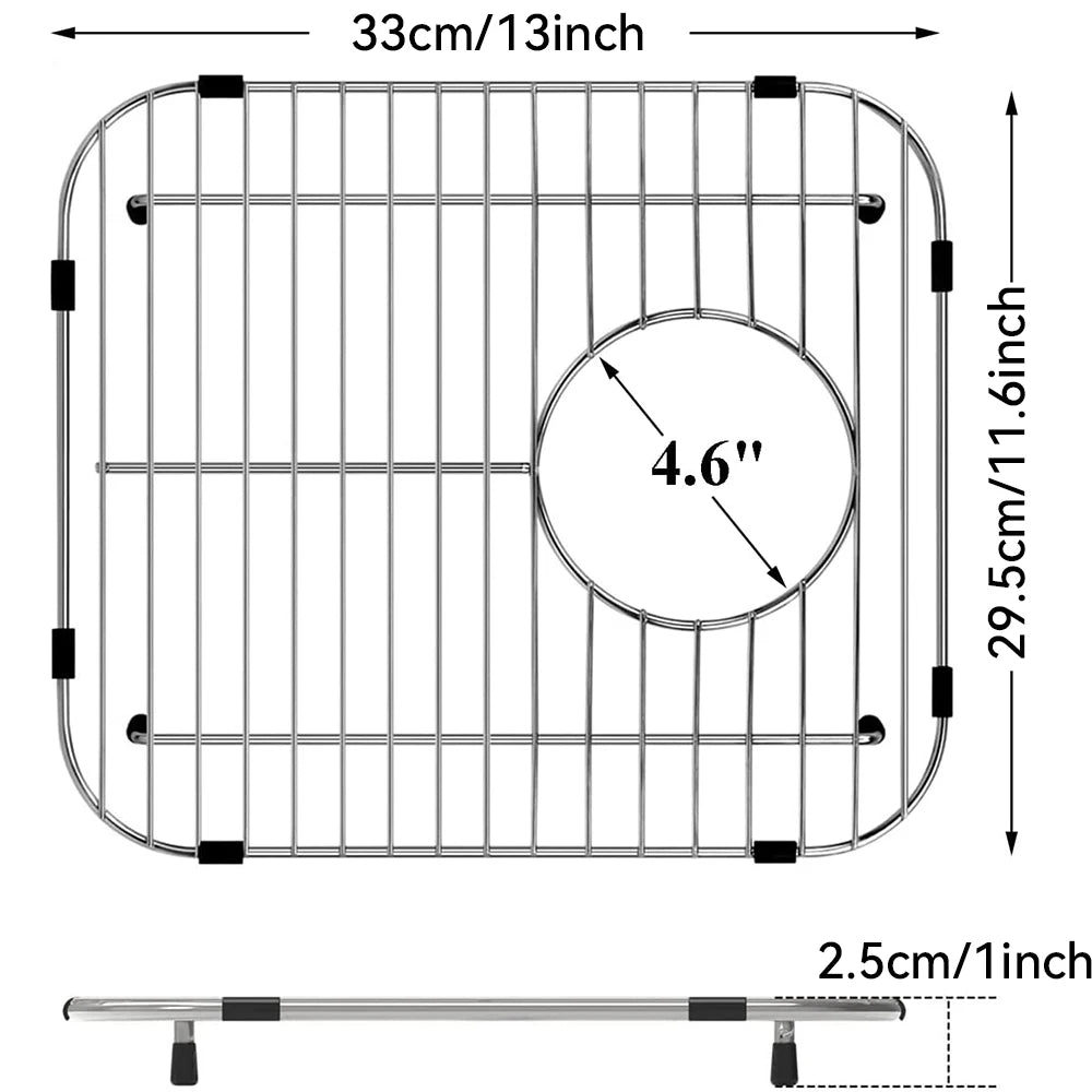 Stainless steel sink protector grid with a 4.6 inch circular cutout and a 33cm dimension.