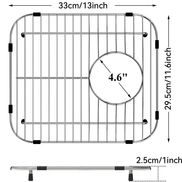 Stainless steel sink protector grid with a 4.6 inch circular cutout and a 33cm dimension.